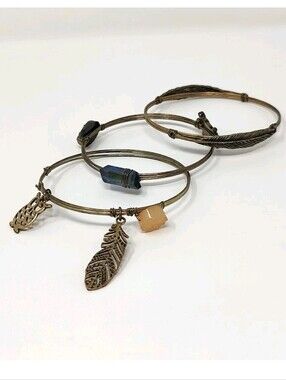 Boho Bangles Set of 3 Gold Bronze Tone Bracelets Wire Wrap Charms Feathers Owls